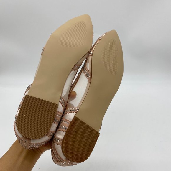 XYD Nude Pink Pointed Toe Rhinestone Mesh Flat - Picture 8 of 11